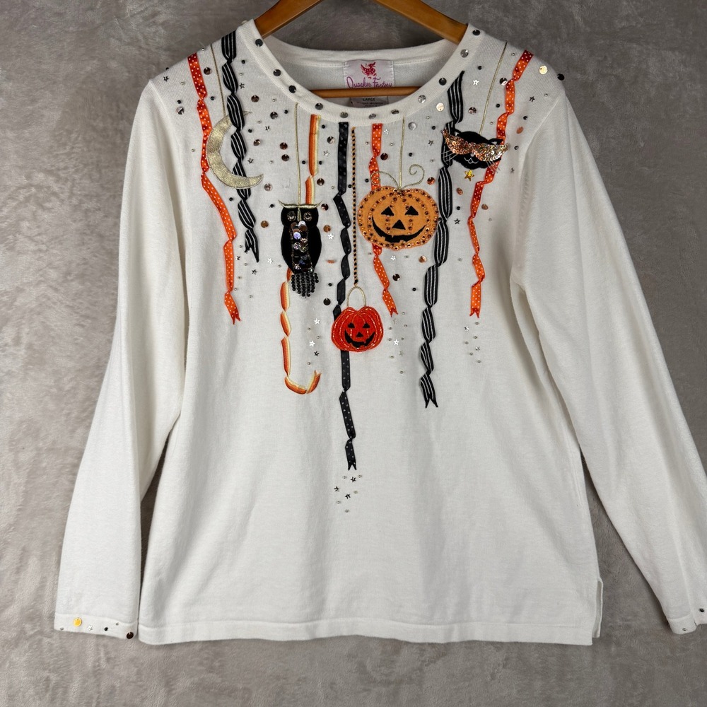 Grandma Quacker Factory Halloween Sequin Pumpkin Cat Owl Sweater Large Vintage